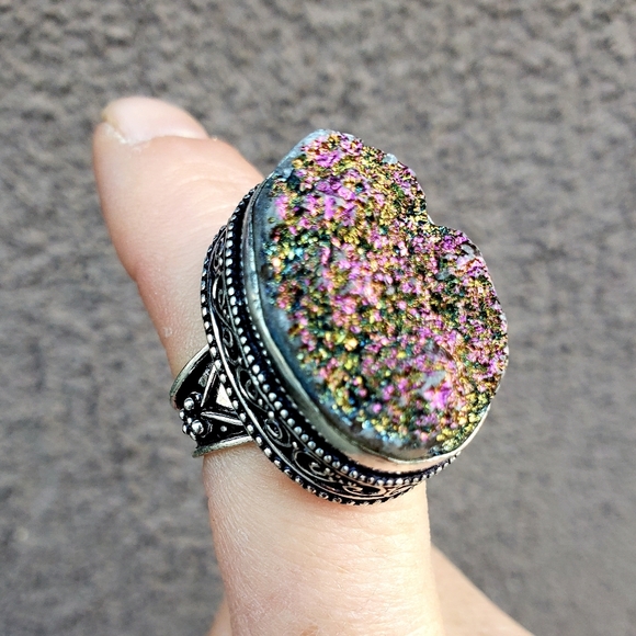 New Titanium Druzy 925 Silver Statement Ring. - Picture 3 of 12